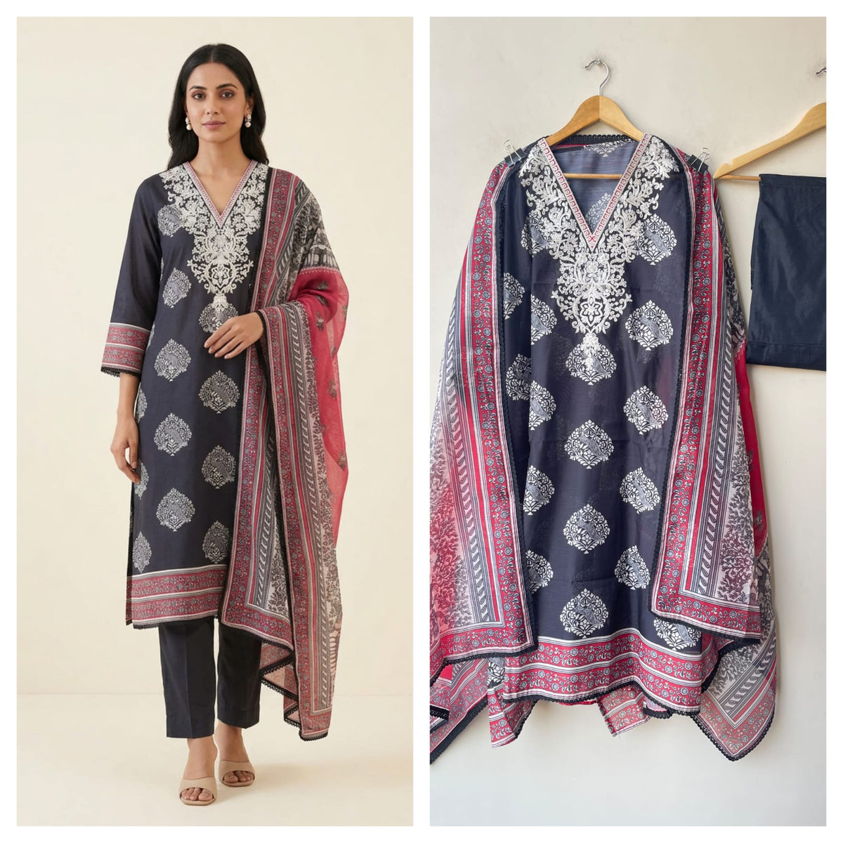 Mul Chanderi Printed Resham & Crotia Lace Embroidered Unstitched Suit Set with Dupatta