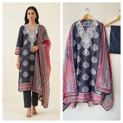 Mul Chanderi Printed Resham & Crotia Lace Embroidered Unstitched Suit Set with Dupatta