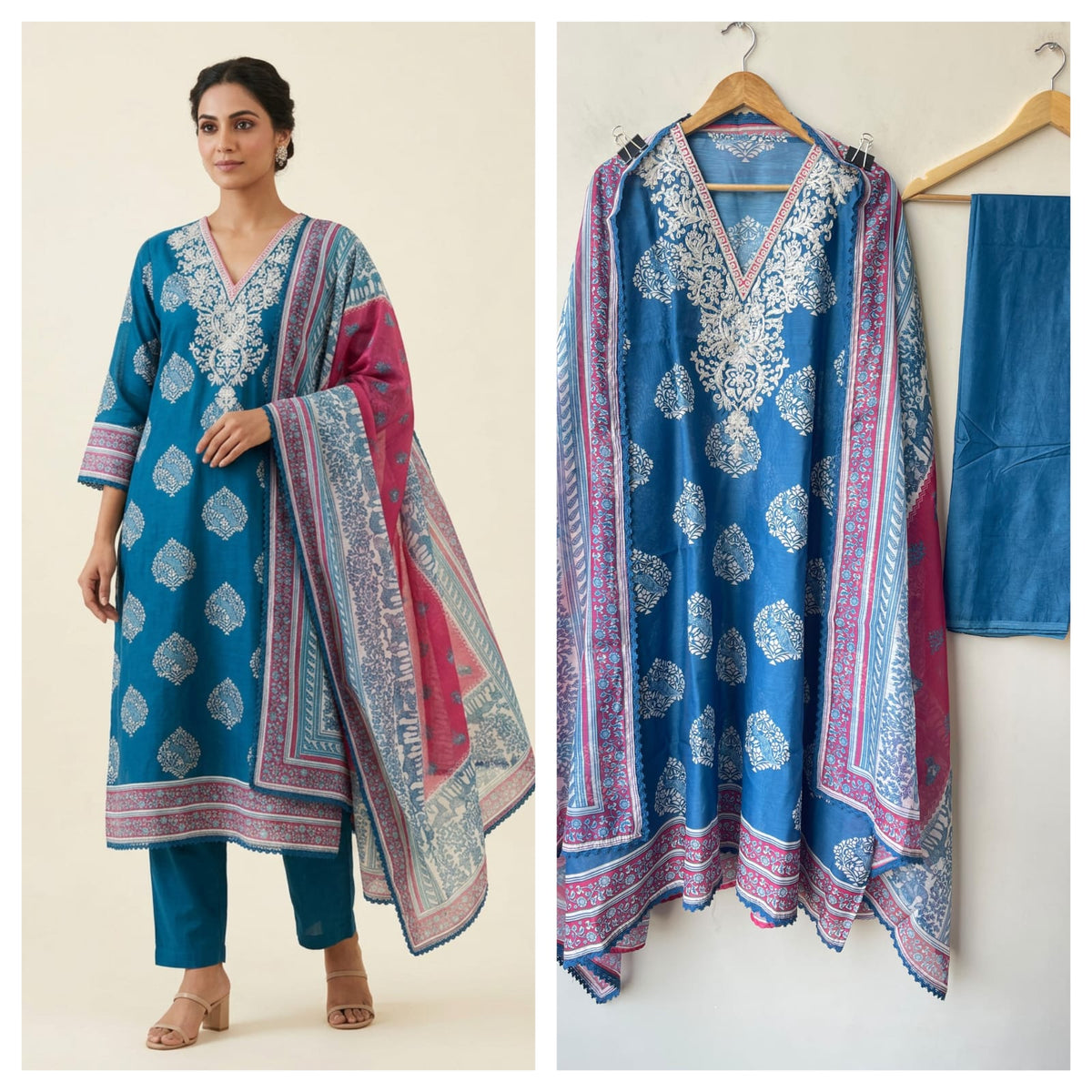 Mul Chanderi Printed Resham & Crotia Lace Embroidered Unstitched Suit Set with Dupatta