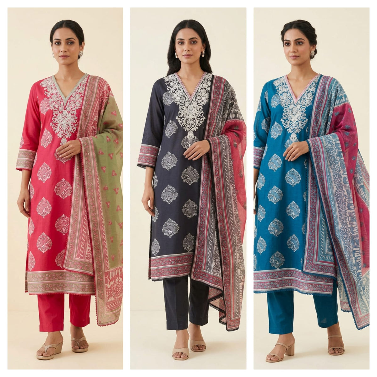 Mul Chanderi Printed Resham & Crotia Lace Embroidered Unstitched Suit Set with Dupatta
