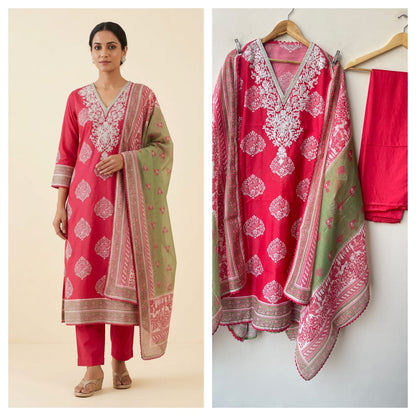 Mul Chanderi Printed Resham & Crotia Lace Embroidered Unstitched Suit Set with Dupatta