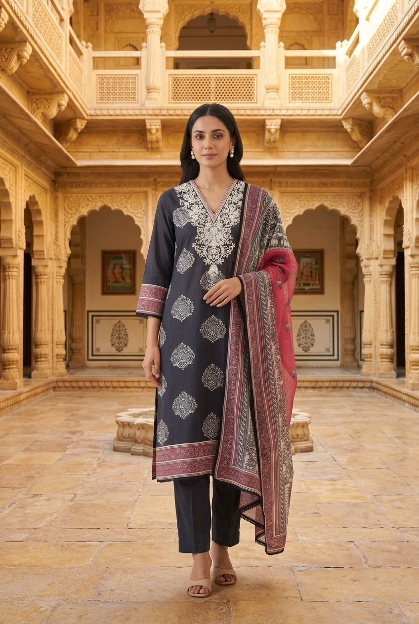 Mul Chanderi Printed Resham & Crotia Lace Embroidered Unstitched Suit Set with Dupatta