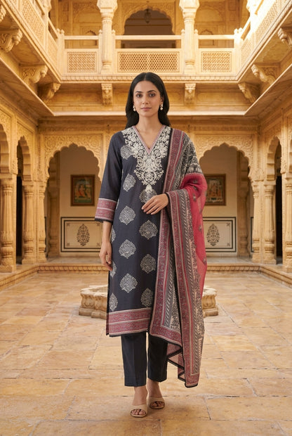 Mul Chanderi Printed Resham & Crotia Lace Embroidered Unstitched Suit Set with Dupatta