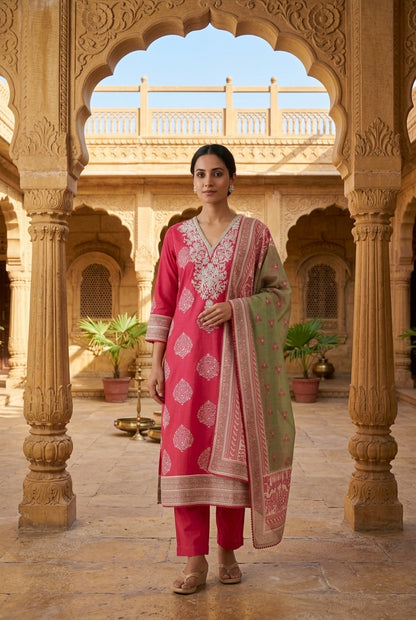Mul Chanderi Printed Resham & Crotia Lace Embroidered Unstitched Suit Set with Dupatta