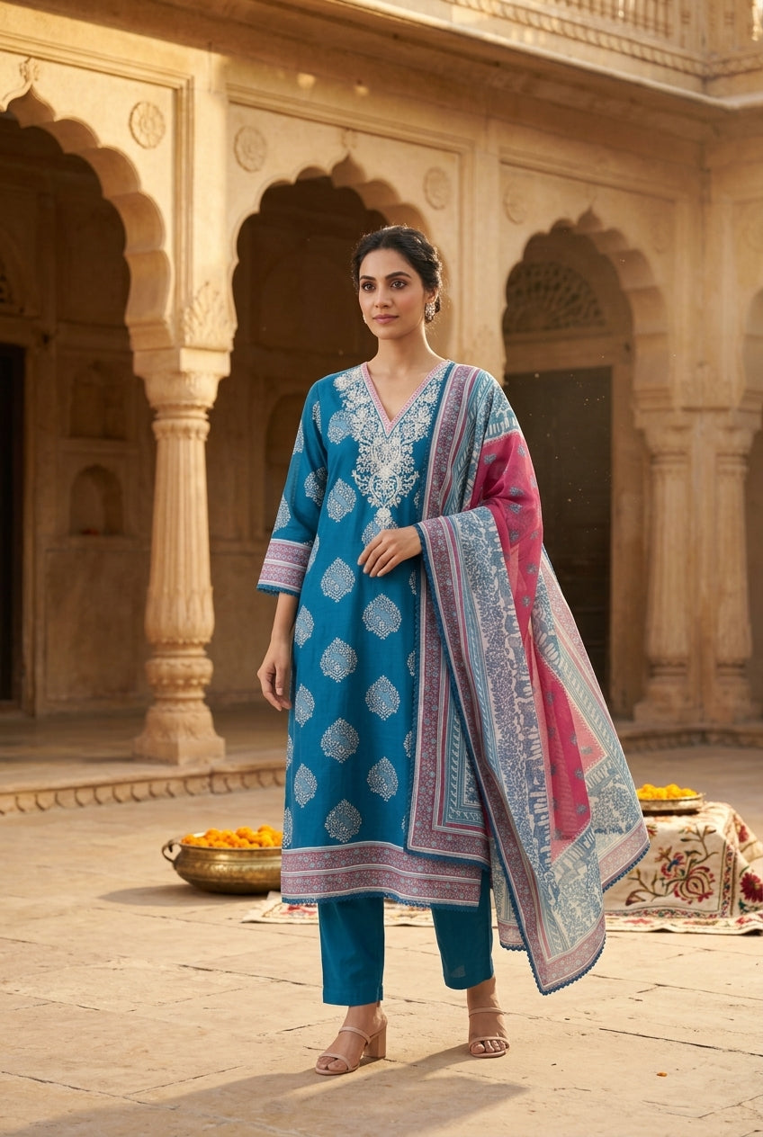 Teal Blue Peacock Blue Mul Chanderi Suit Set