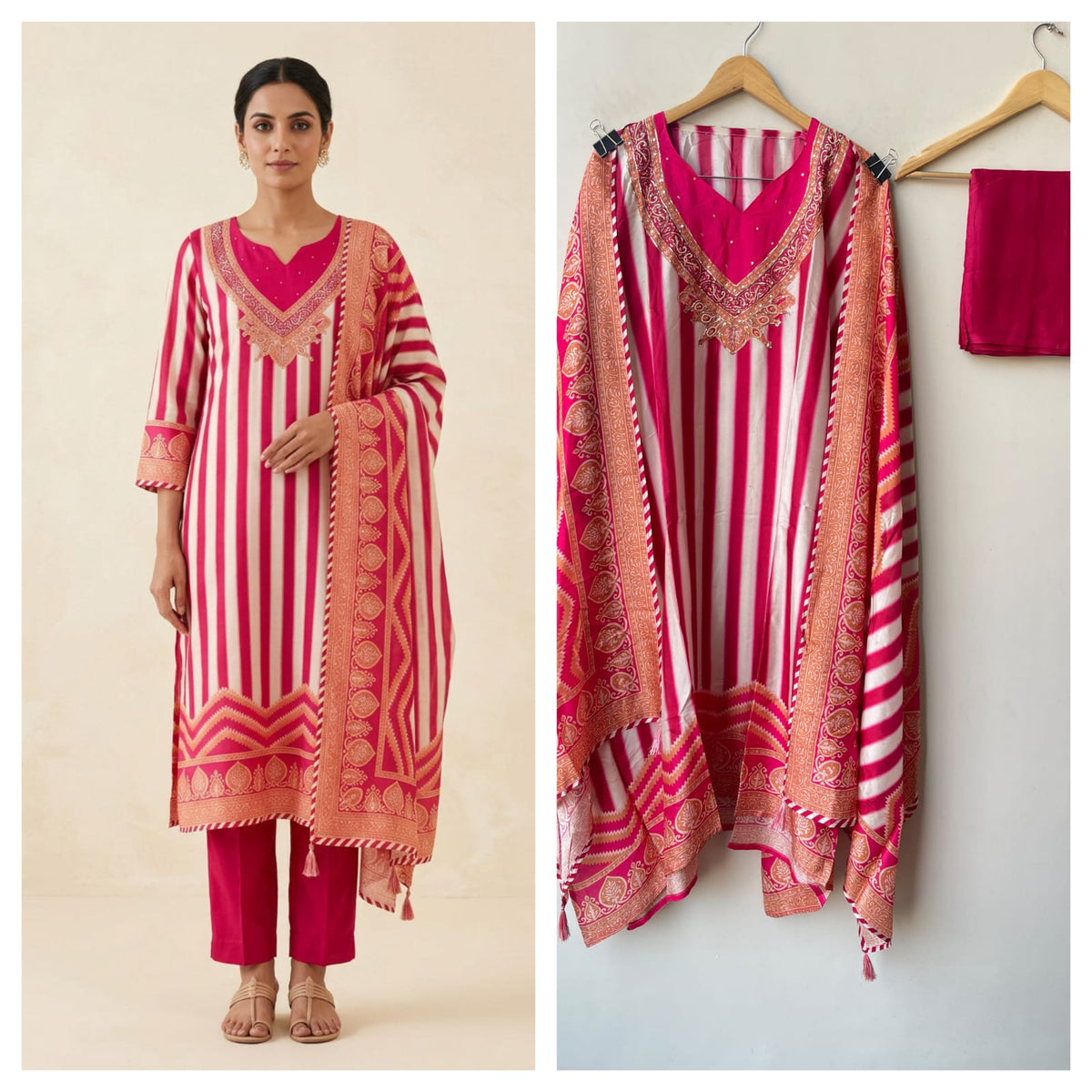 Pure Silk Printed Pita Work & Pearl Embroidered Unstitched Suit Set with Dupatta