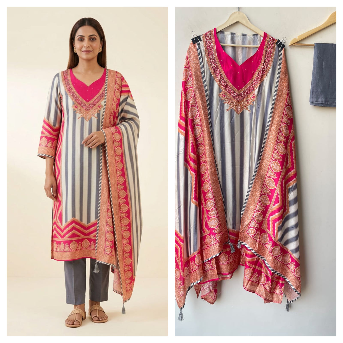 Pure Silk Printed Pita Work & Pearl Embroidered Unstitched Suit Set with Dupatta