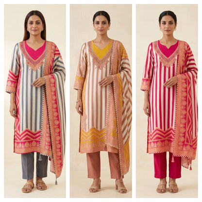 Pure Silk Printed Pita Work & Pearl Embroidered Unstitched Suit Set with Dupatta