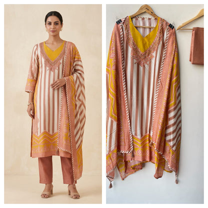 Pure Silk Printed Pita Work & Pearl Embroidered Unstitched Suit Set with Dupatta