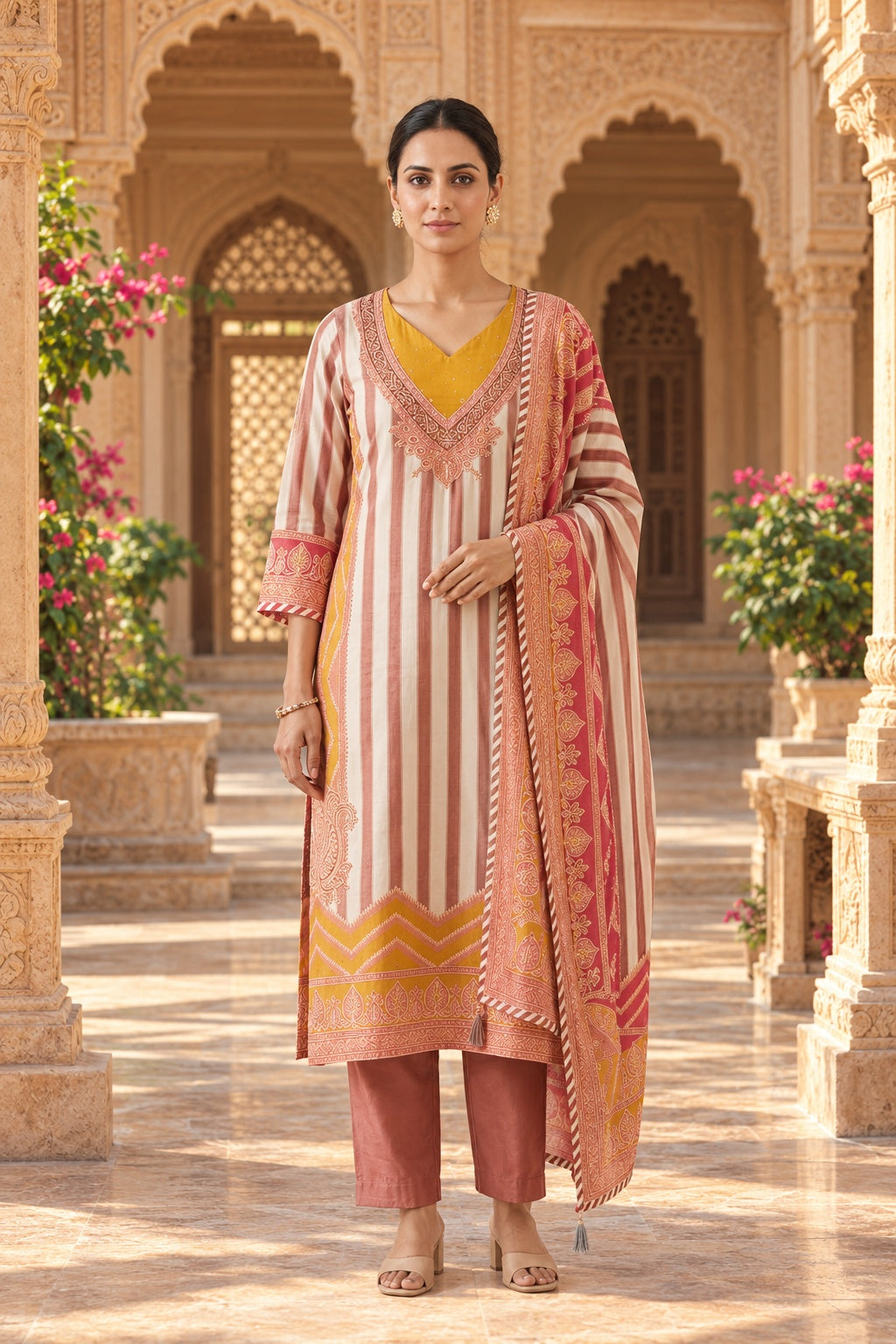 Pure Silk Printed Pita Work & Pearl Embroidered Unstitched Suit Set with Dupatta