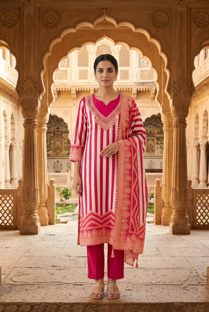 Pure Silk Printed Pita Work & Pearl Embroidered Unstitched Suit Set with Dupatta