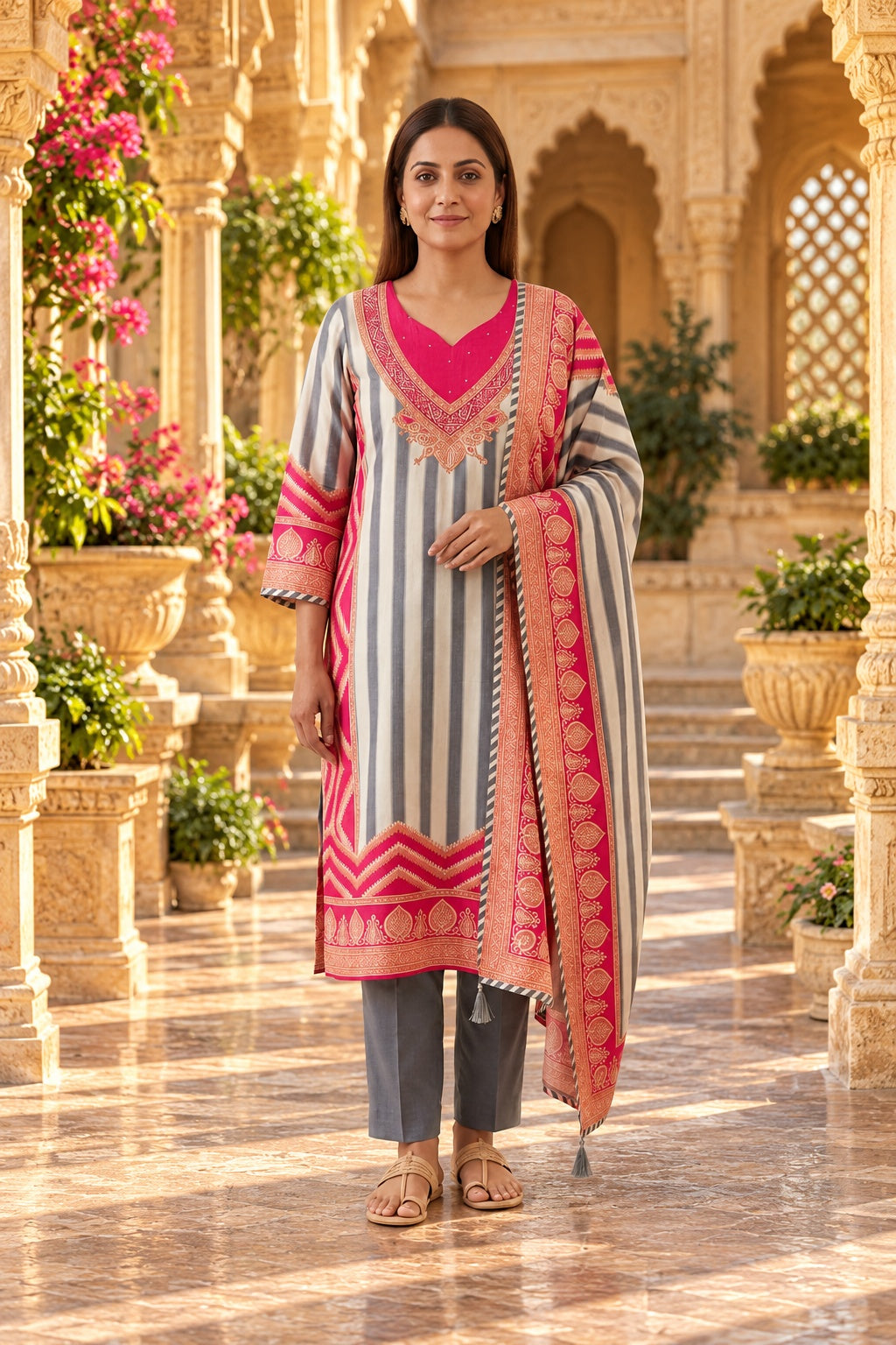Pure Silk Printed Pita Work & Pearl Embroidered Unstitched Suit Set with Dupatta