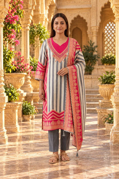 Pure Silk Printed Pita Work & Pearl Embroidered Unstitched Suit Set with Dupatta
