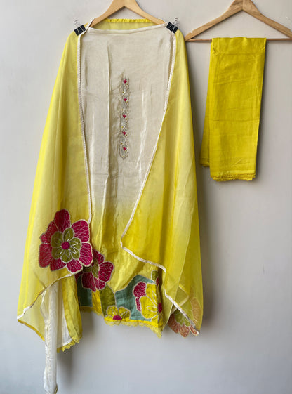 Shimmer Organza Tuile Shaded Resham & Zari Embroidered Unstitched Suit Set with Dupatta