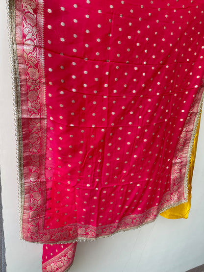 Festive Banarasi Pure Satin Crepe Woven Resham Embroidered Unstitched Suit Set with Dupatta