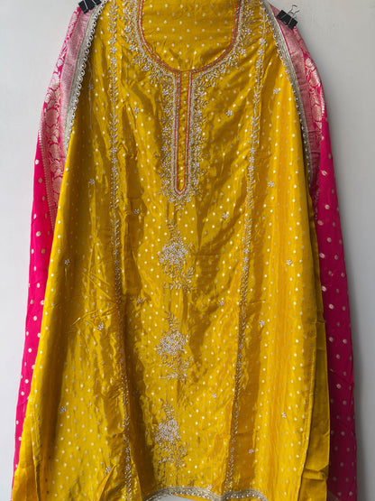 Festive Banarasi Pure Satin Crepe Woven Resham Embroidered Unstitched Suit Set with Dupatta