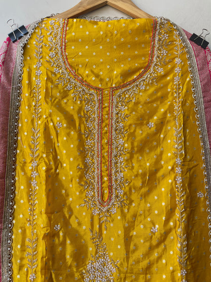 Festive Banarasi Pure Satin Crepe Woven Resham Embroidered Unstitched Suit Set with Dupatta
