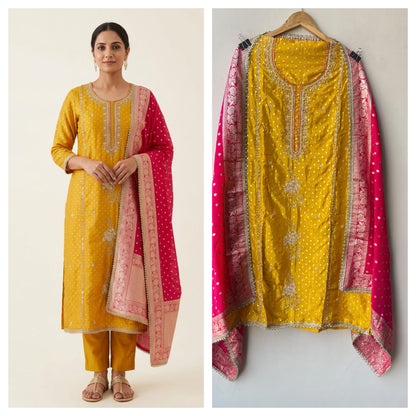 Festive Banarasi Pure Satin Crepe Woven Resham Embroidered Unstitched Suit Set with Dupatta