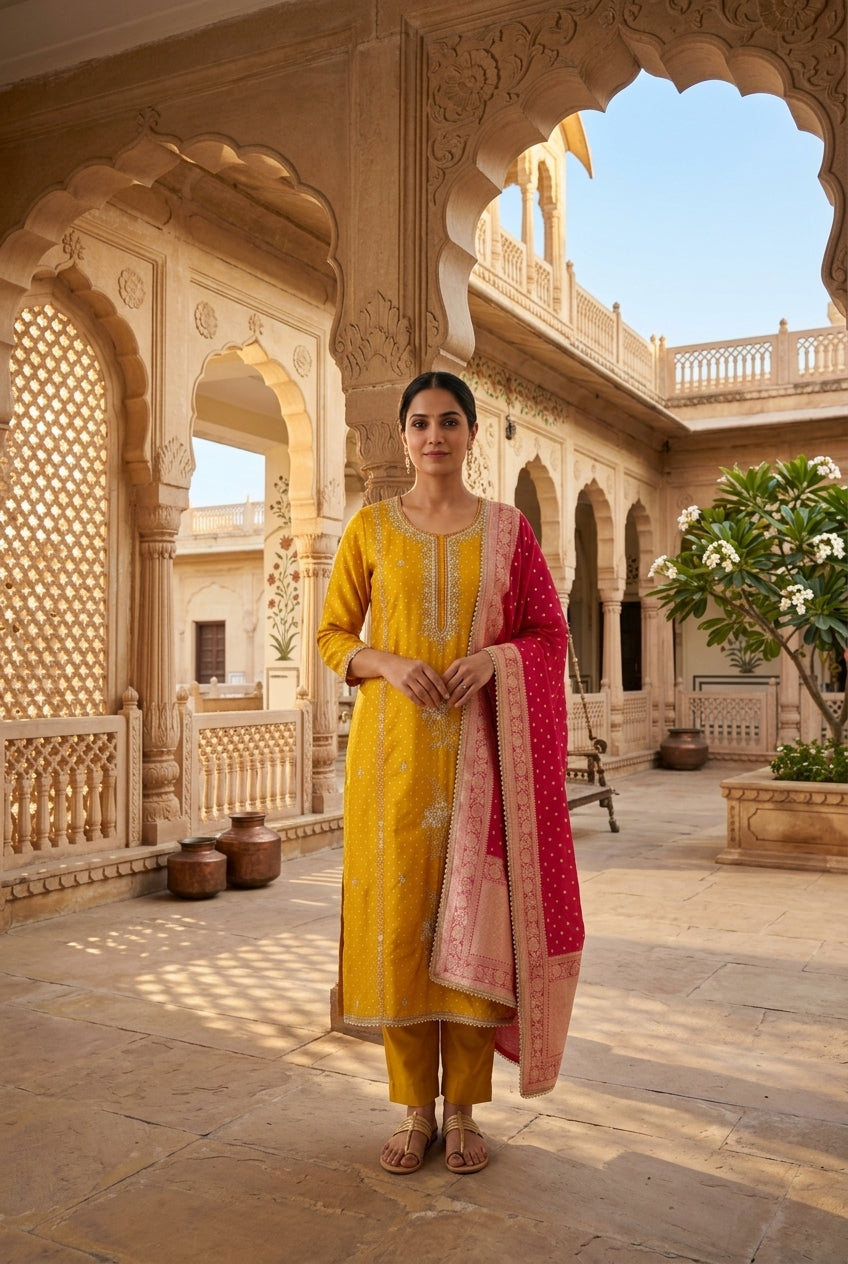 Festive Banarasi Pure Satin Crepe Woven Resham Embroidered Unstitched Suit Set with Dupatta