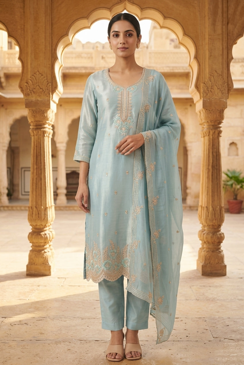 Festive Pure Giraffe Shimmer Silk Resham & Sequence Embroidered Unstitched Suit Set with Dupatta