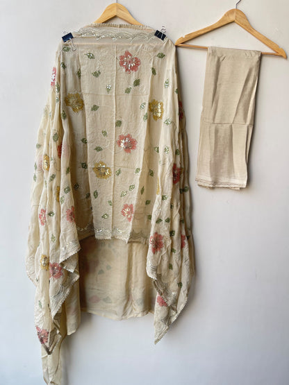 Organza Zari Embroidered Unstitched Suit Set with Applique Work Dupatta