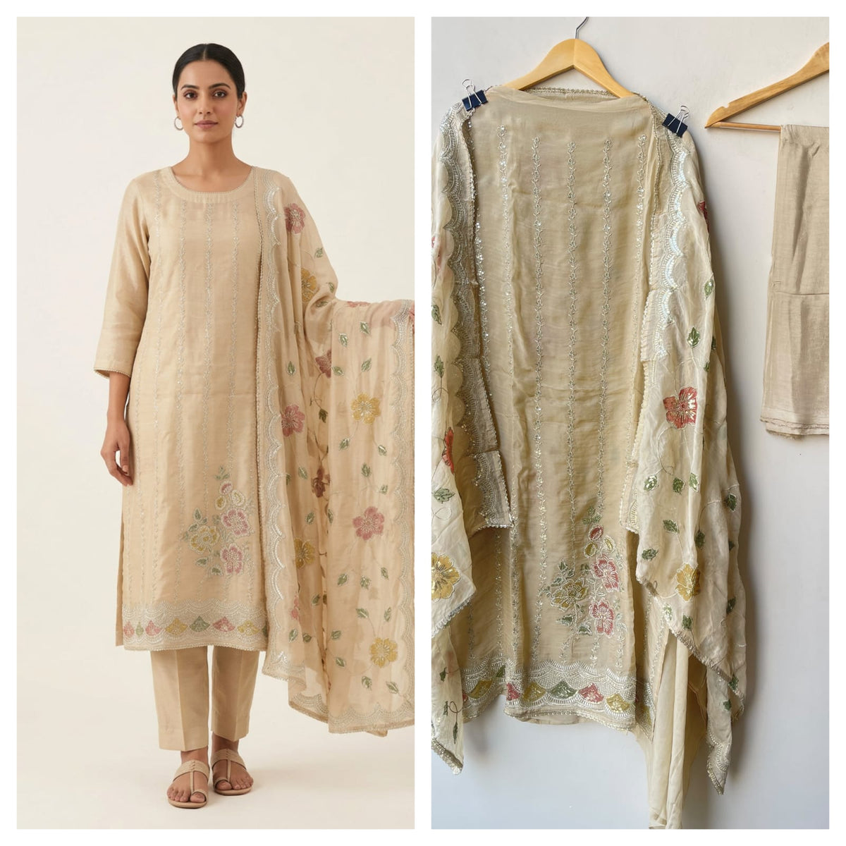 Organza Zari Embroidered Unstitched Suit Set with Applique Work Dupatta