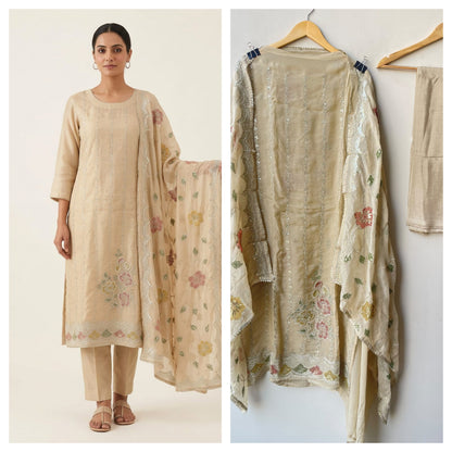 Organza Zari Embroidered Unstitched Suit Set with Applique Work Dupatta