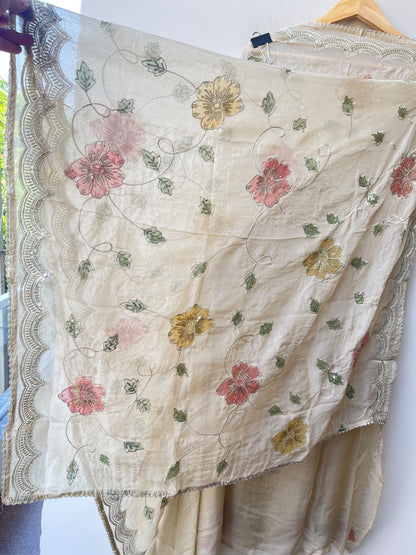 Organza Zari Embroidered Unstitched Suit Set with Applique Work Dupatta
