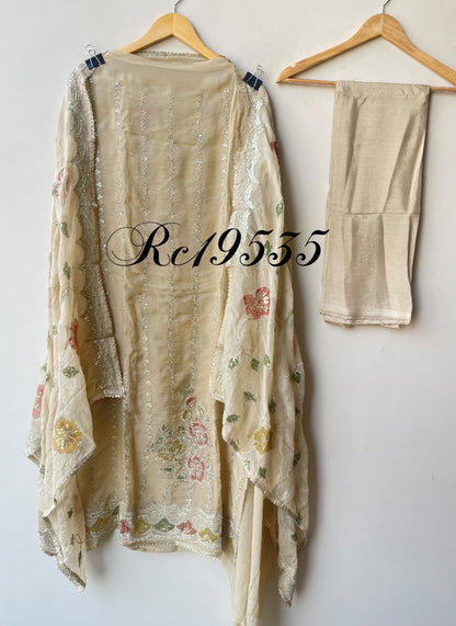 Organza Zari Embroidered Unstitched Suit Set with Applique Work Dupatta