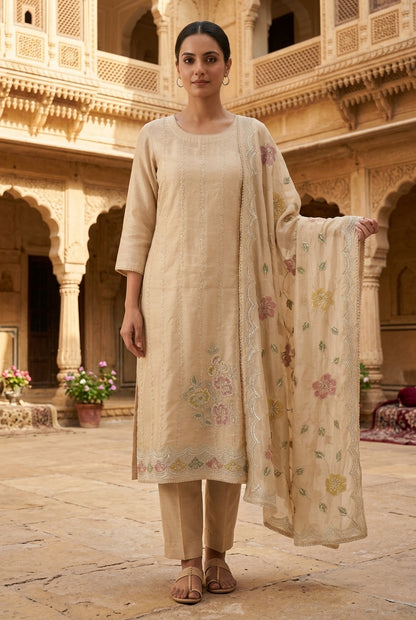 Organza Zari Embroidered Unstitched Suit Set with Applique Work Dupatta