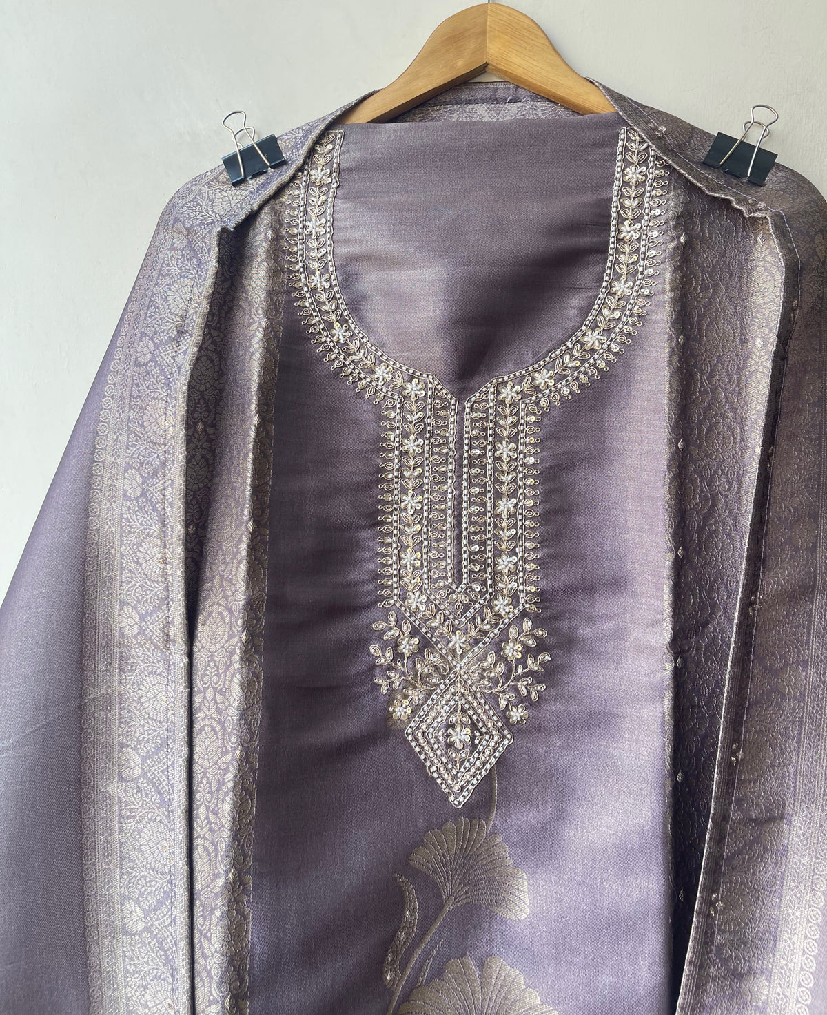 Festive Banarsi Self Giraffe Shimmer Silk Resham & Zari Embroidered Unstitched Suit Set with Dupatta