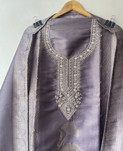 Festive Banarsi Self Giraffe Shimmer Silk Resham & Zari Embroidered Unstitched Suit Set with Dupatta
