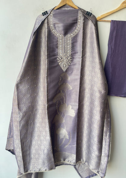 Festive Banarsi Self Giraffe Shimmer Silk Resham & Zari Embroidered Unstitched Suit Set with Dupatta