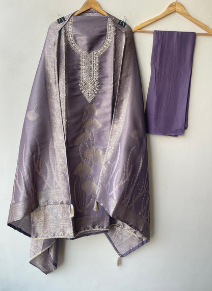 Festive Banarsi Self Giraffe Shimmer Silk Resham & Zari Embroidered Unstitched Suit Set with Dupatta