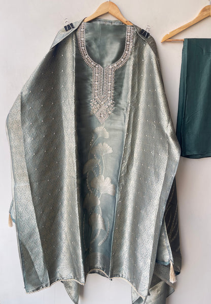 Festive Banarsi Self Giraffe Shimmer Silk Resham & Zari Embroidered Unstitched Suit Set with Dupatta