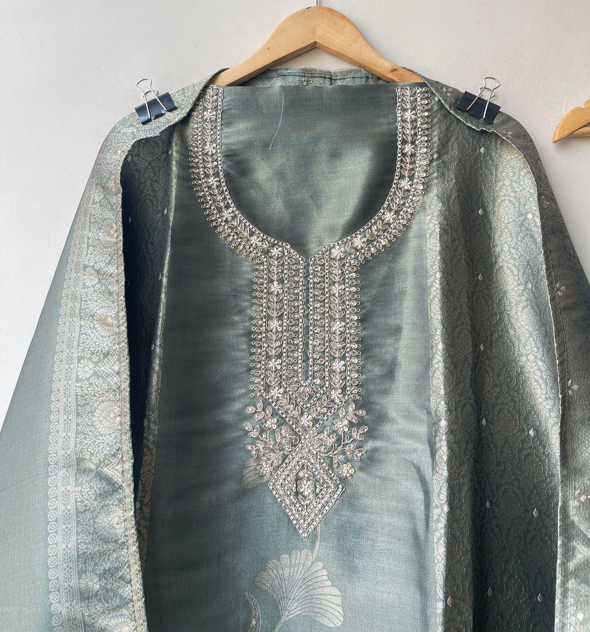Festive Banarsi Self Giraffe Shimmer Silk Resham & Zari Embroidered Unstitched Suit Set with Dupatta