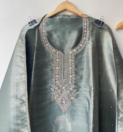 Festive Banarsi Self Giraffe Shimmer Silk Resham & Zari Embroidered Unstitched Suit Set with Dupatta
