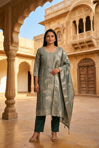 Festive Banarsi Self Giraffe Shimmer Silk Resham & Zari Embroidered Unstitched Suit Set with Dupatta