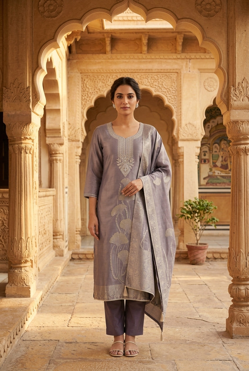 Festive Banarsi Self Giraffe Shimmer Silk Resham & Zari Embroidered Unstitched Suit Set with Dupatta