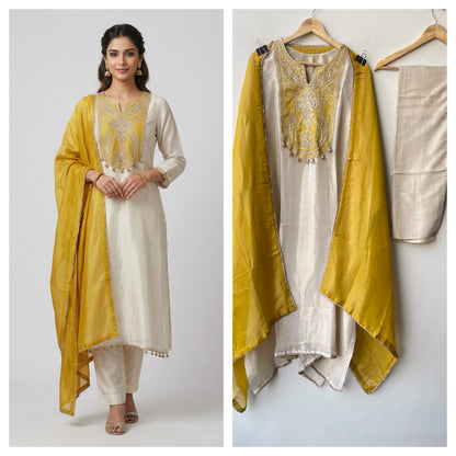 Festive Pure Shimmer Silk Zari Dabka & Sequence Embroidered Unstitched Suit Set with Dupatta