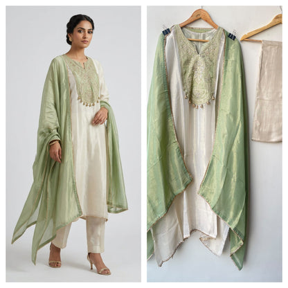 Festive Pure Shimmer Silk Zari Dabka & Sequence Embroidered Unstitched Suit Set with Dupatta