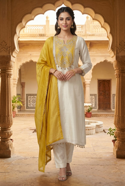 Festive Pure Shimmer Silk Zari Dabka & Sequence Embroidered Unstitched Suit Set with Dupatta