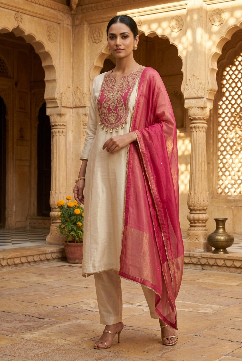 Festive Pure Shimmer Silk Zari Dabka & Sequence Embroidered Unstitched Suit Set with Dupatta