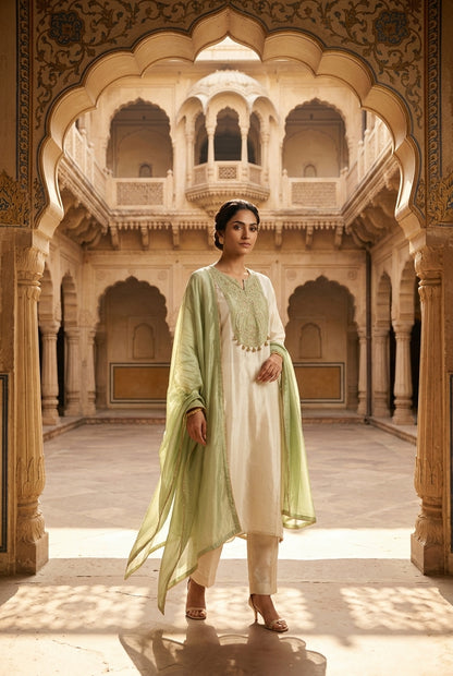 Festive Pure Shimmer Silk Zari Dabka & Sequence Embroidered Unstitched Suit Set with Dupatta