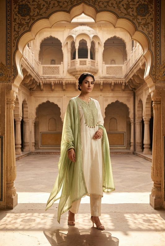 Festive Pure Shimmer Silk Zari Dabka & Sequence Embroidered Unstitched Suit Set with Dupatta