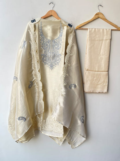 Festive Pure Shimmer Giraffe Silk Resham & Sequence Embroidered Unstitched Suit Set with Dupatta