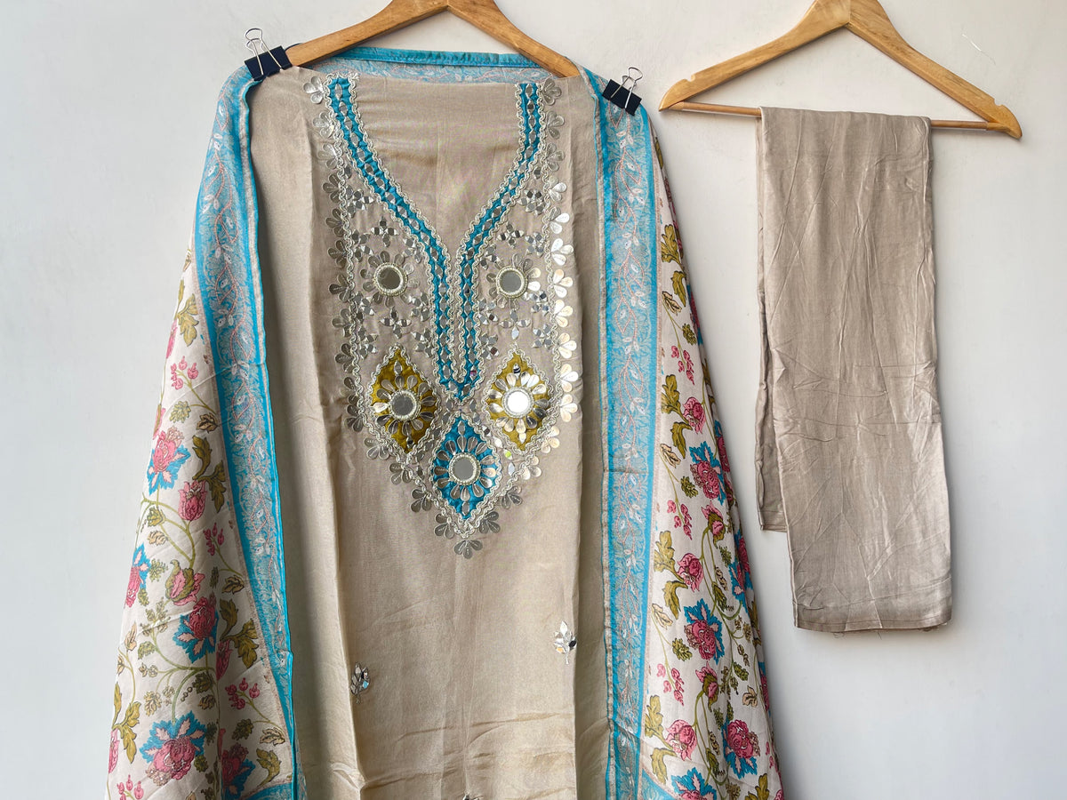 Festive Shimmer Silk Mirror Work & Zari Embroidered Unstitched Suit Set with Dupatta