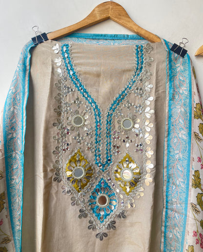 Festive Shimmer Silk Mirror Work & Zari Embroidered Unstitched Suit Set with Dupatta