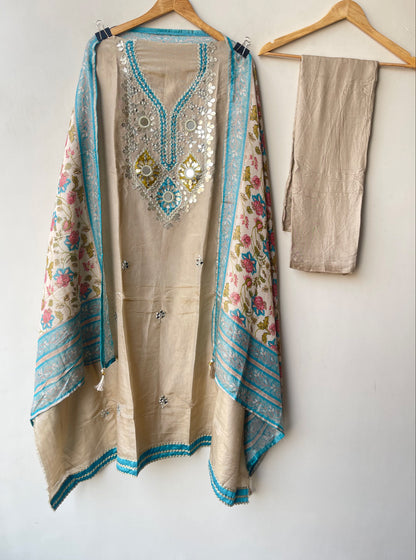Festive Shimmer Silk Mirror Work & Zari Embroidered Unstitched Suit Set with Dupatta