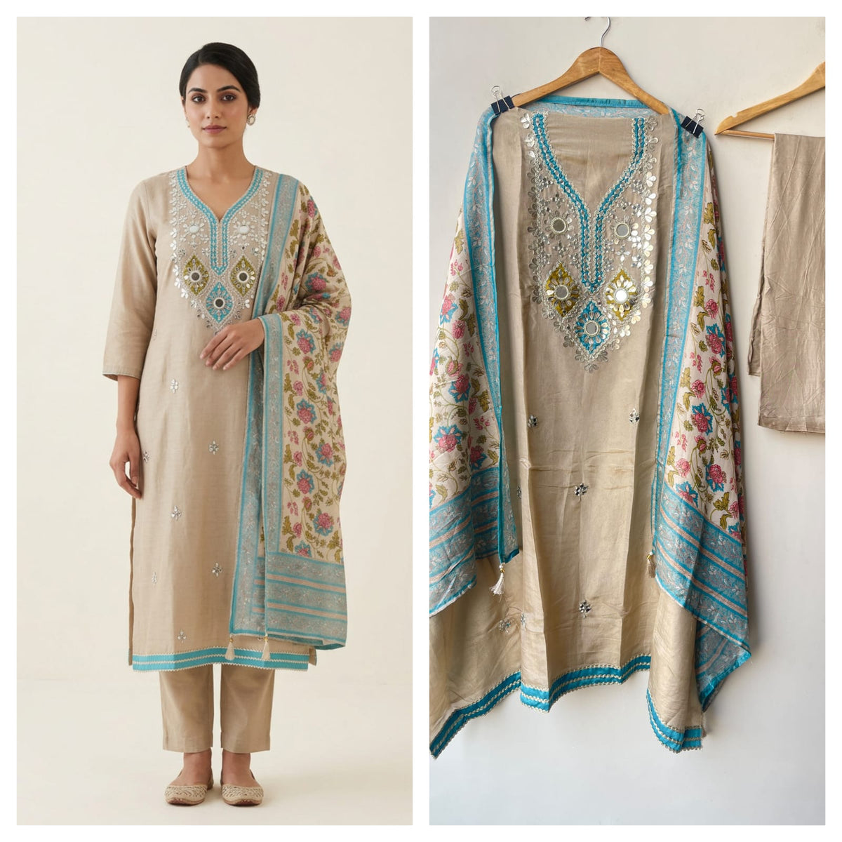 Festive Shimmer Silk Mirror Work & Zari Embroidered Unstitched Suit Set with Dupatta